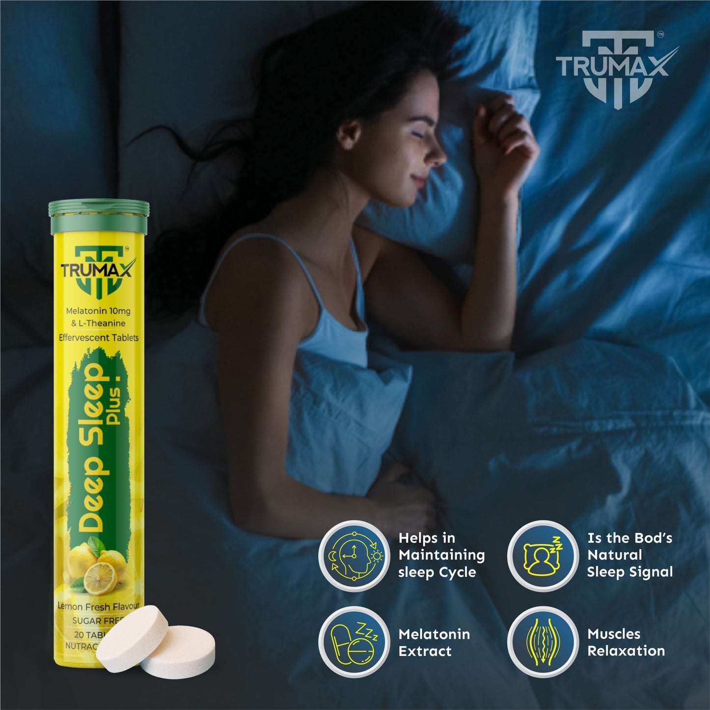 TRUMAX™ Deep Sleep Plus with 10 mg  Melatonin + 100 mg L-Theanine Effervescent tablets | Helps to Promotes Relaxtion and Efforless Sleep | Fast Acting, Non-Addictive - Lemon Fresh flavour