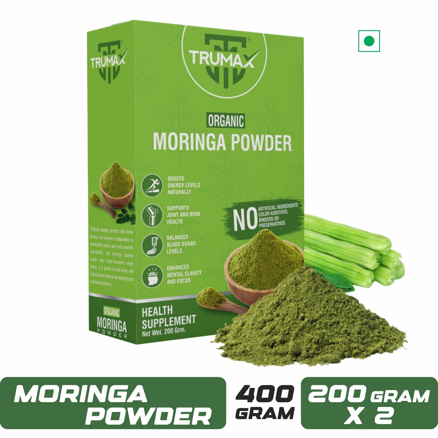 TRUMAX™ Organic Moringa Powder | Drumstick Leaf Powder | Natural Multi-vitamin | Good for Immunity, Digestion, skincare and Haircare | 100% Natural and Preservative-free